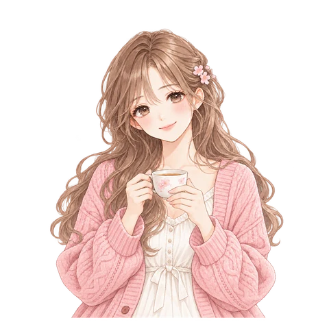捧着茶杯、戴樱花发夹的粉衣动漫少女小森