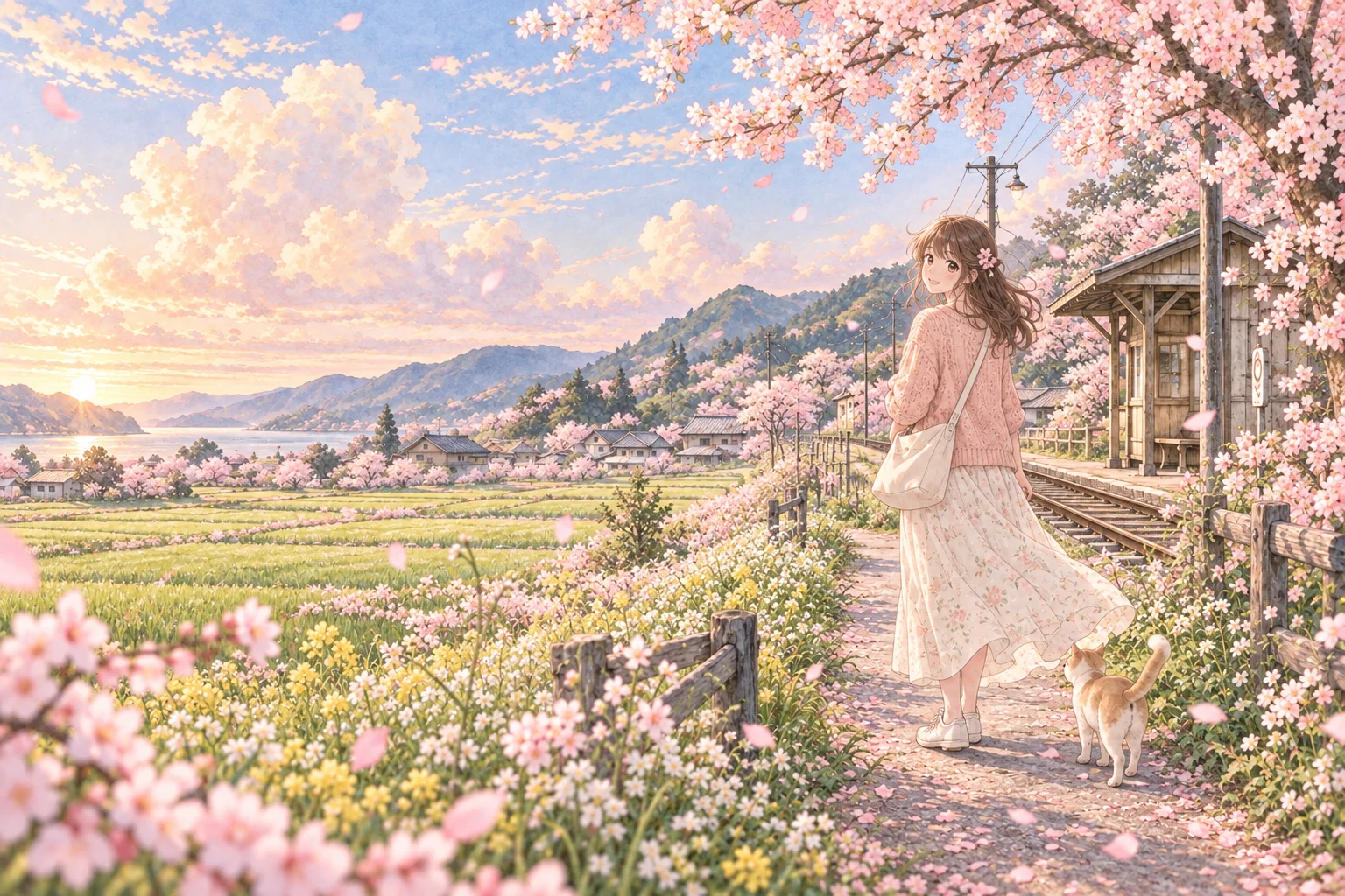 粉色樱花环绕的乡间车站，穿粉色开衫的少女与小猫漫步在春日阳光里